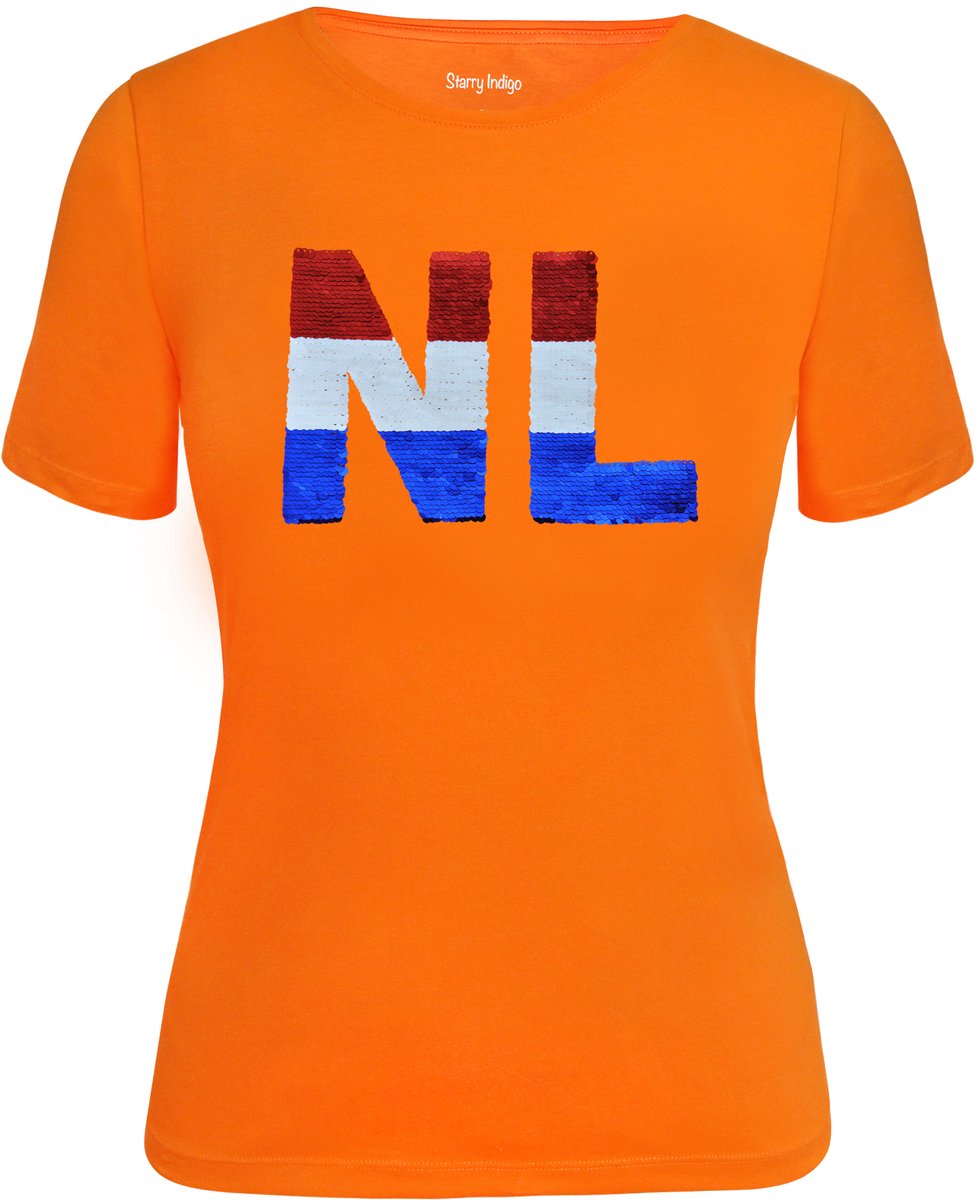 Dames Slim fit T-shirt Nederlandse vlag met magic sequence | koningsdag kleding| Holland | EK-WK-Olympische Spelen | Oranje | maat XL
